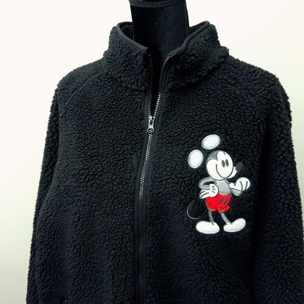 Disney Mickey Mouse Sherpa Fleece Jacket Unisex L Black Full Zip Wool Blend